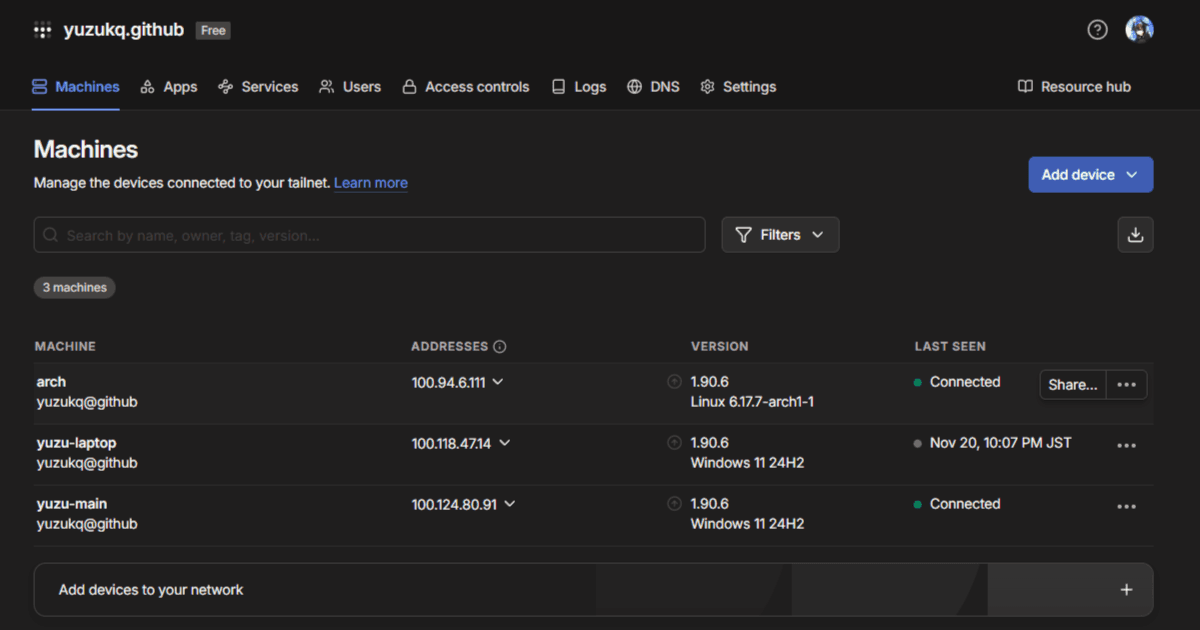 tailscale管理画面